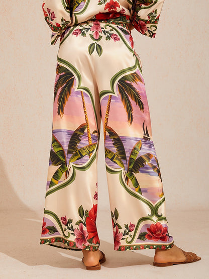 Hawaii Palm Silky Satin Wide Leg Pants