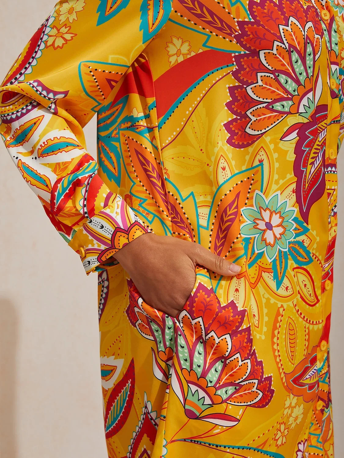Boho Paisley Silky Satin Shirt Dress