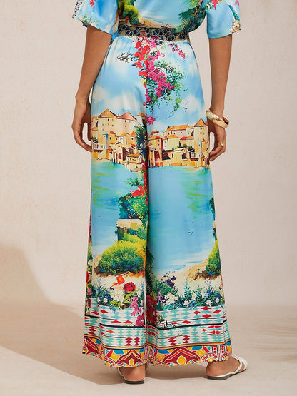 Boho Paisley Silky Satin Wide Leg Pants