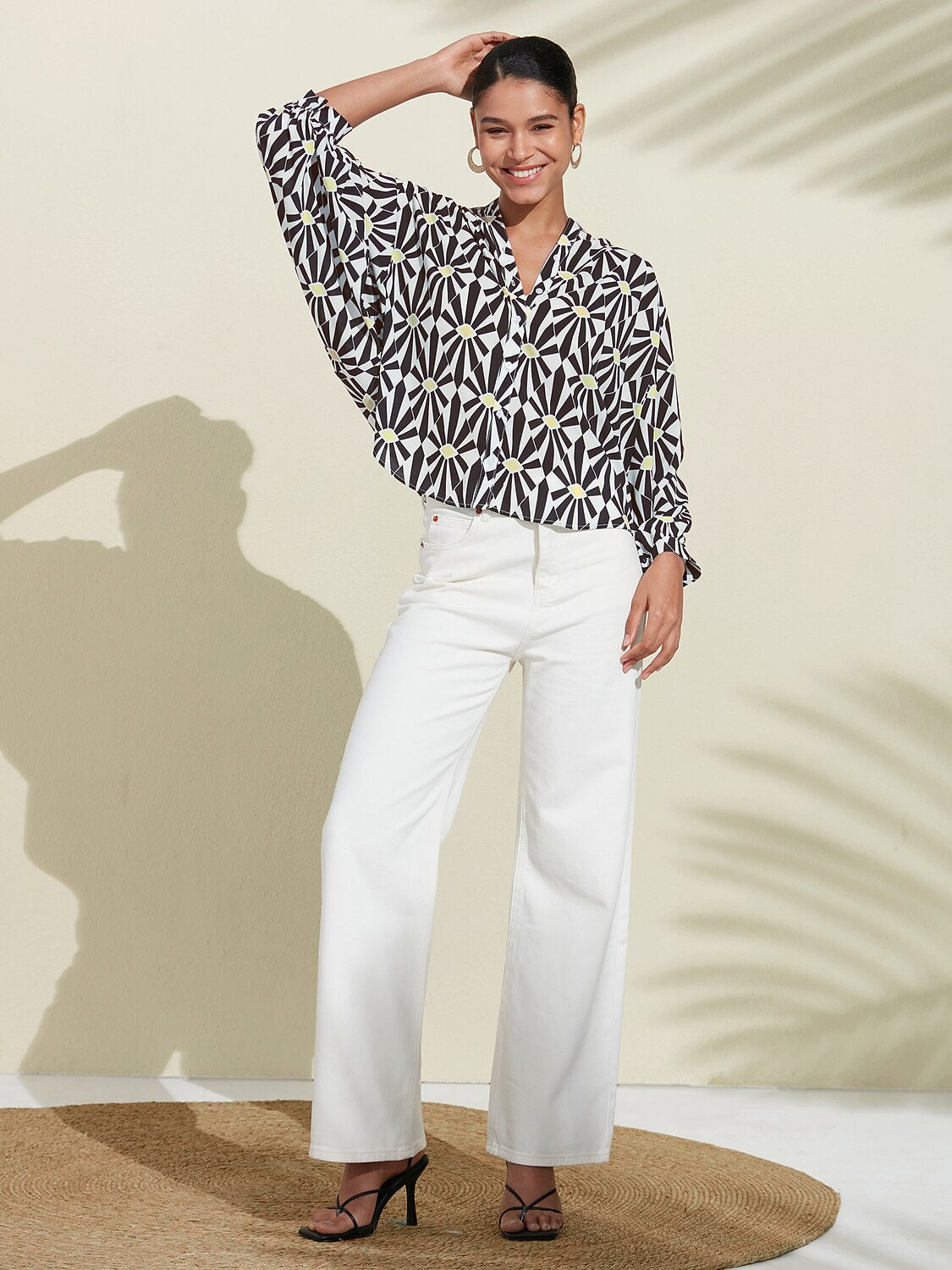 Moroccan Floral V-Neck Silky Satin Blouse