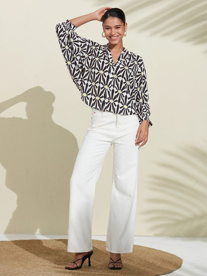 Moroccan Floral V-Neck Silky Satin Blouse