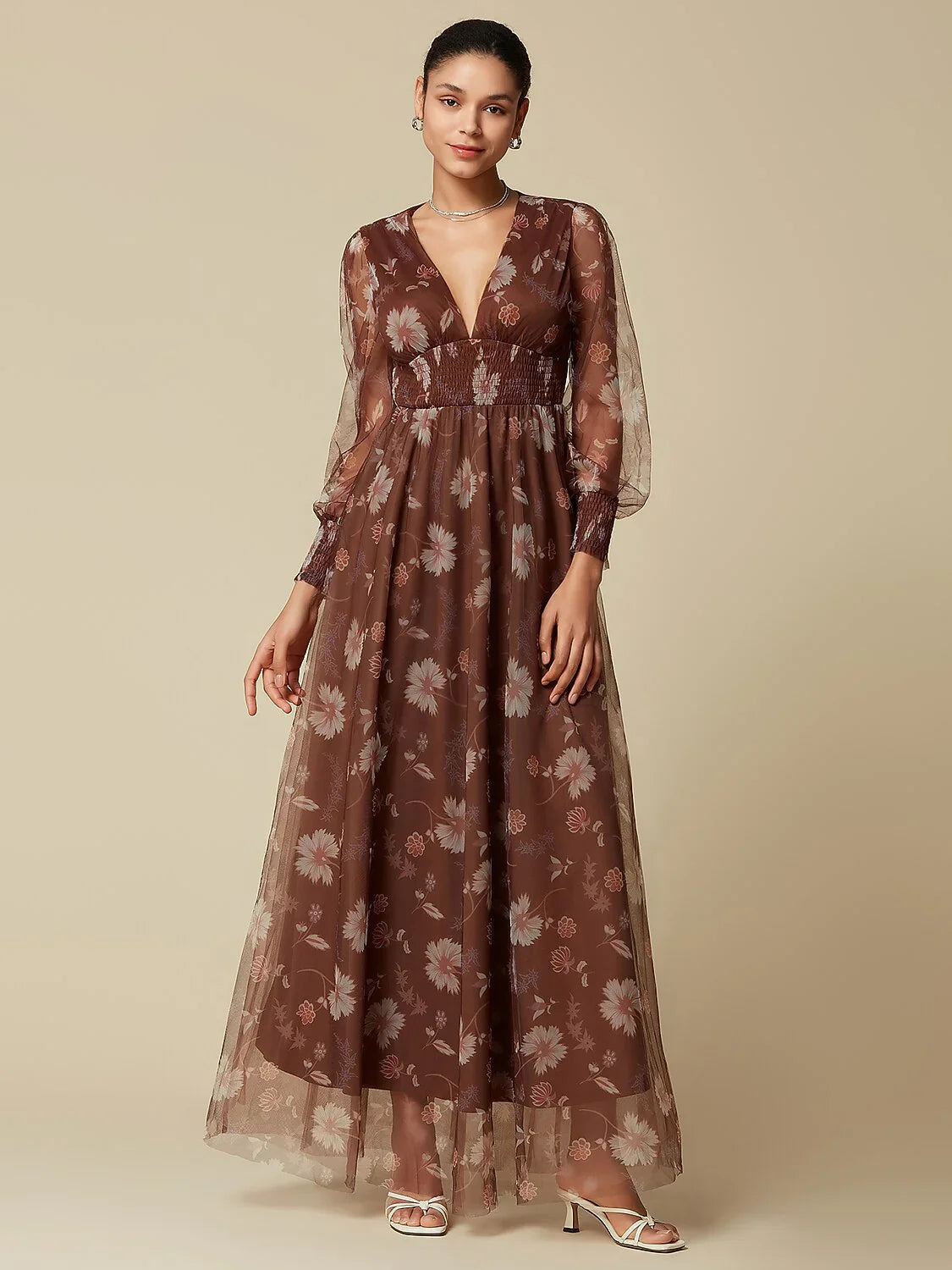 V-Neck Floral Mesh Maxi Dress