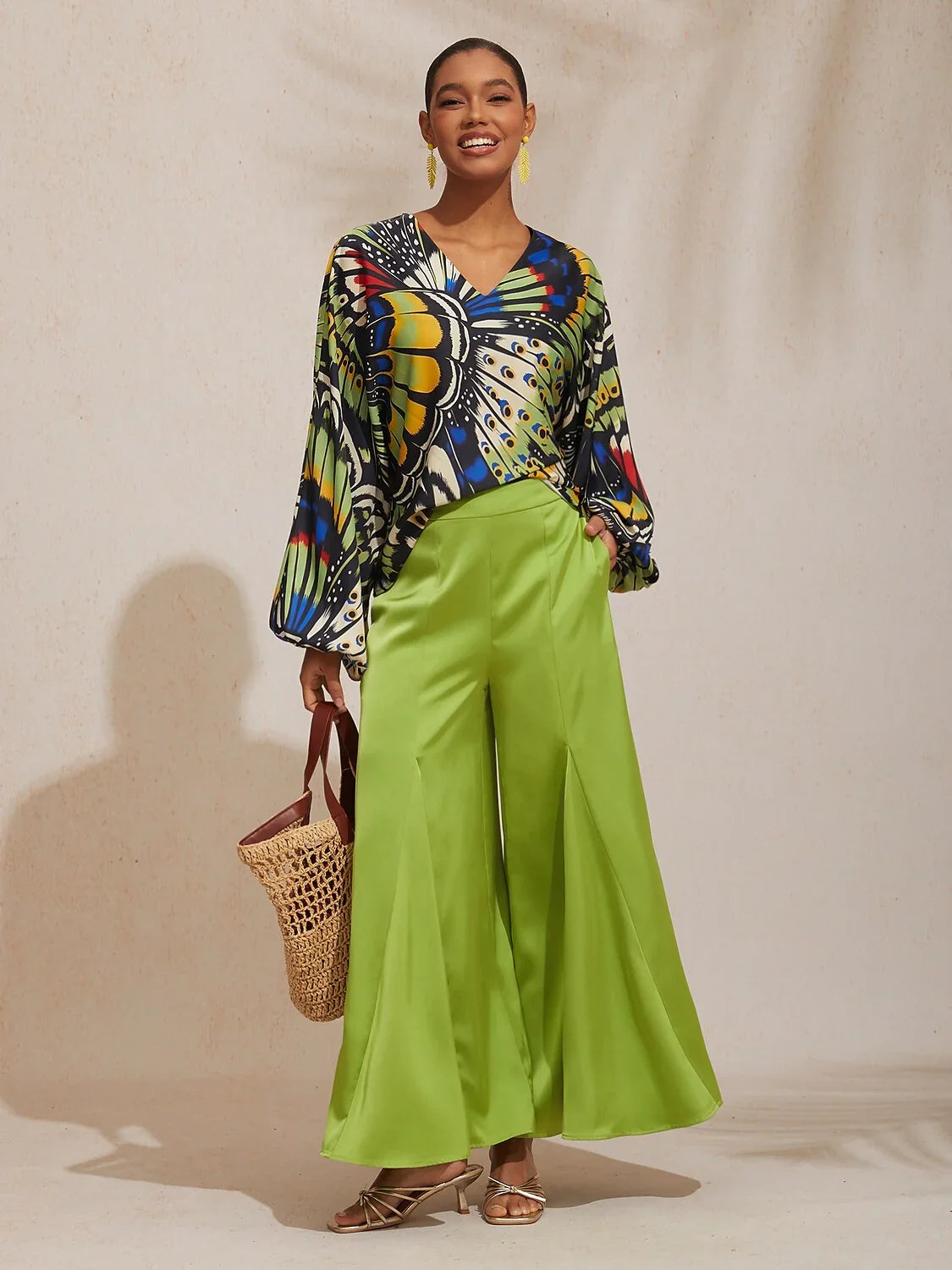 Jungle Butterfly Silky Satin Wide-Leg Pants