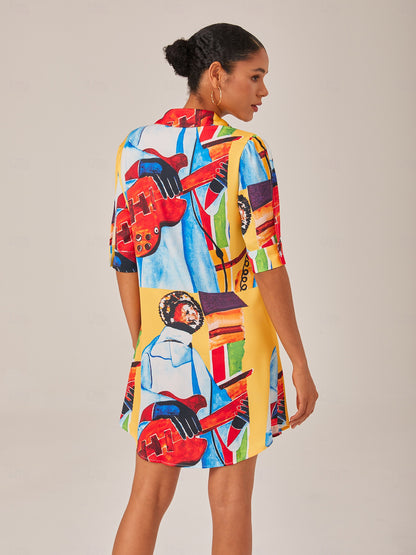 Satin Artistic Down Straight Fit Shirt Mini Dress