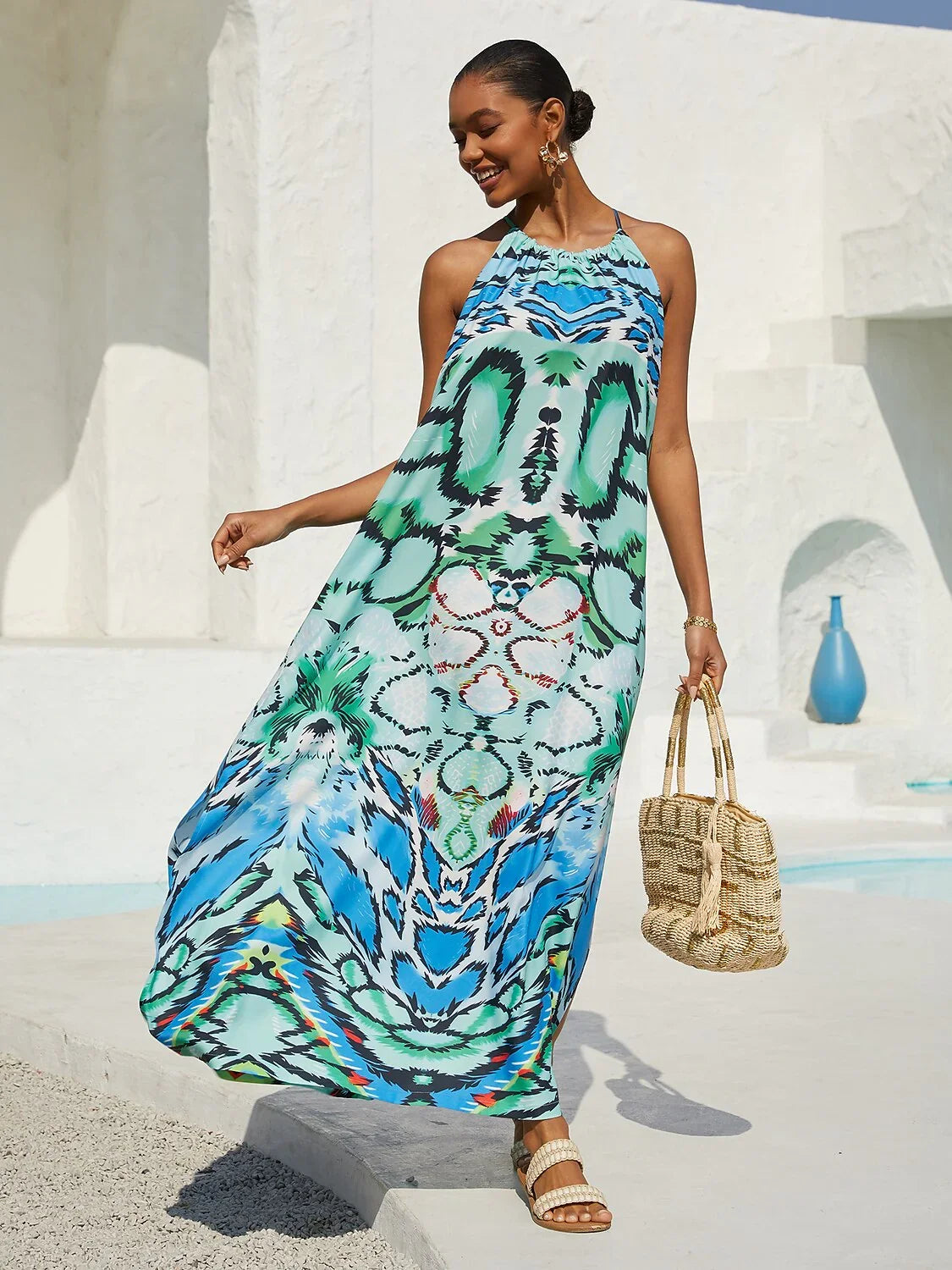 Womens Geometric Print Color Block Print Silky Satin Maxi Dress Halter Neck Sleeveless Vacation Soft Satin Finish, Sea Blue / XL