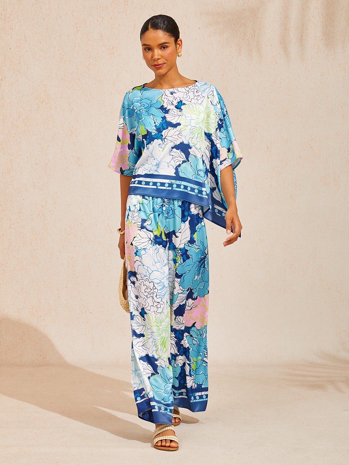 Pastel Wash Peony Silky Satin Wide Leg Pants