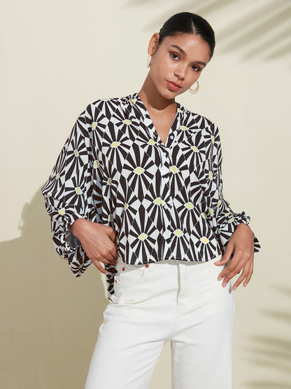 Moroccan Floral V-Neck Silky Satin Blouse