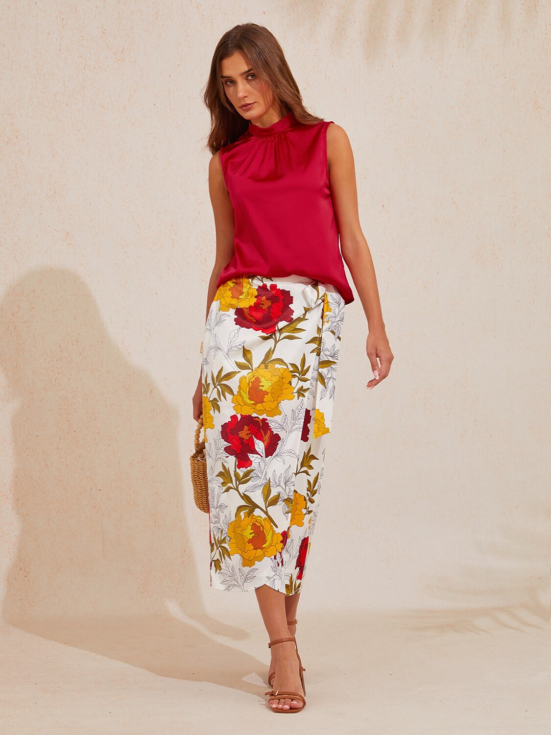 Emerald Rose Garden Silky Satin Wrap Skirt