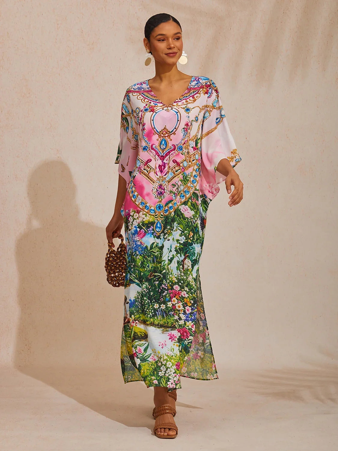 Pink Jungle Party Flowy Chiffon Diamond Maxi Dress