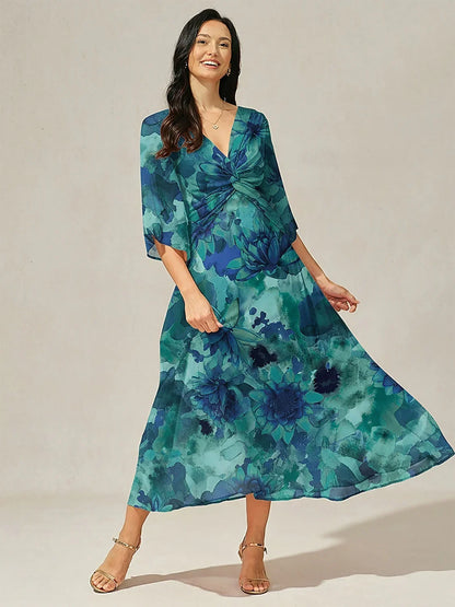 Chiffon Green Abstract Floral Print Twist Knot Maxi Dress