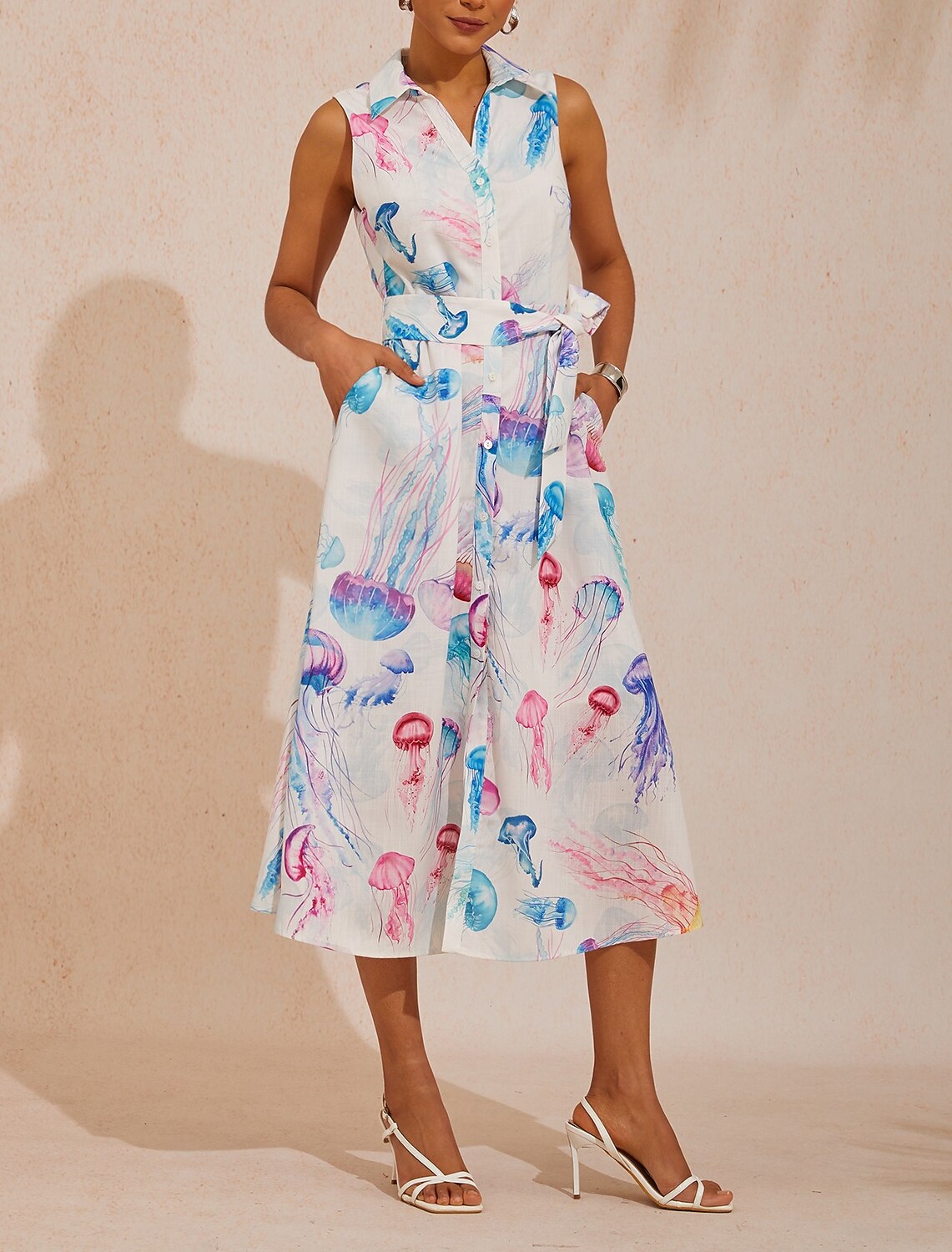 Abstract Floral Effortless Linen-Style Shirt Dress
