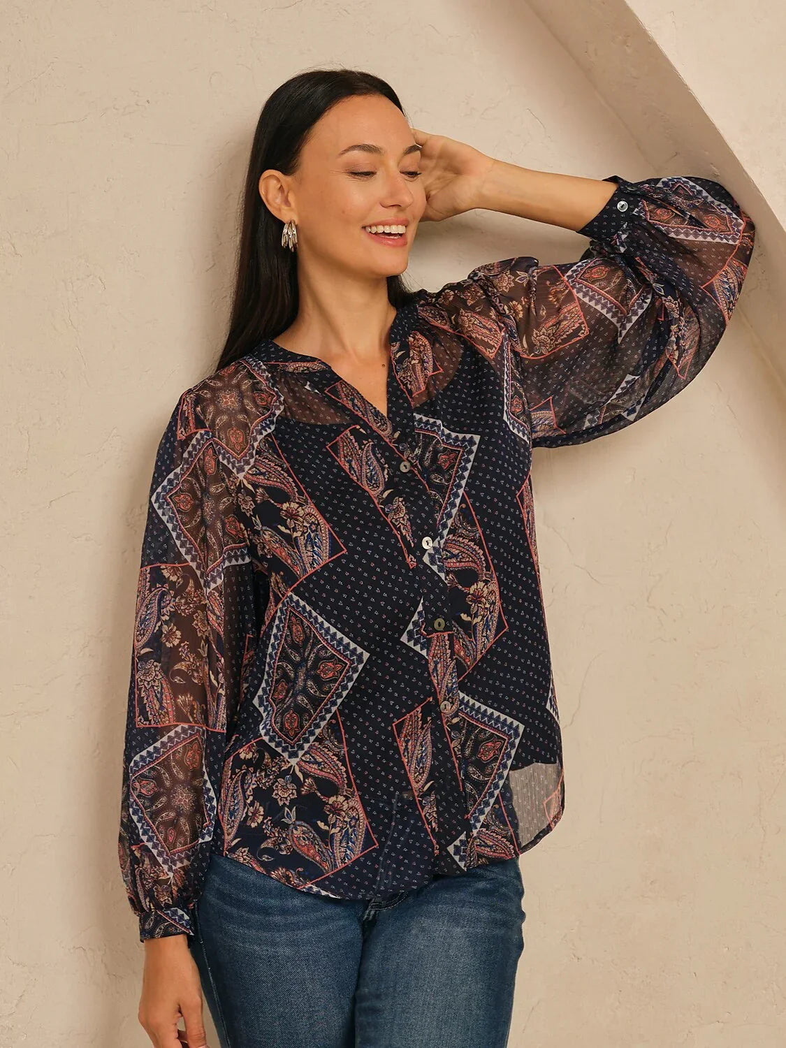 Geometric Combination Paisley Print Sheer Chiffon Blouse