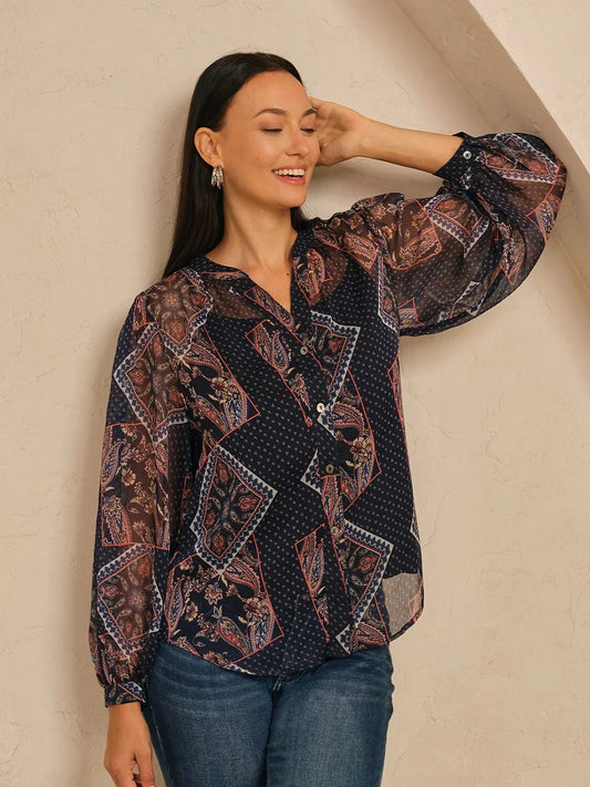 Geometric Combination Paisley Print Sheer Chiffon Blouse