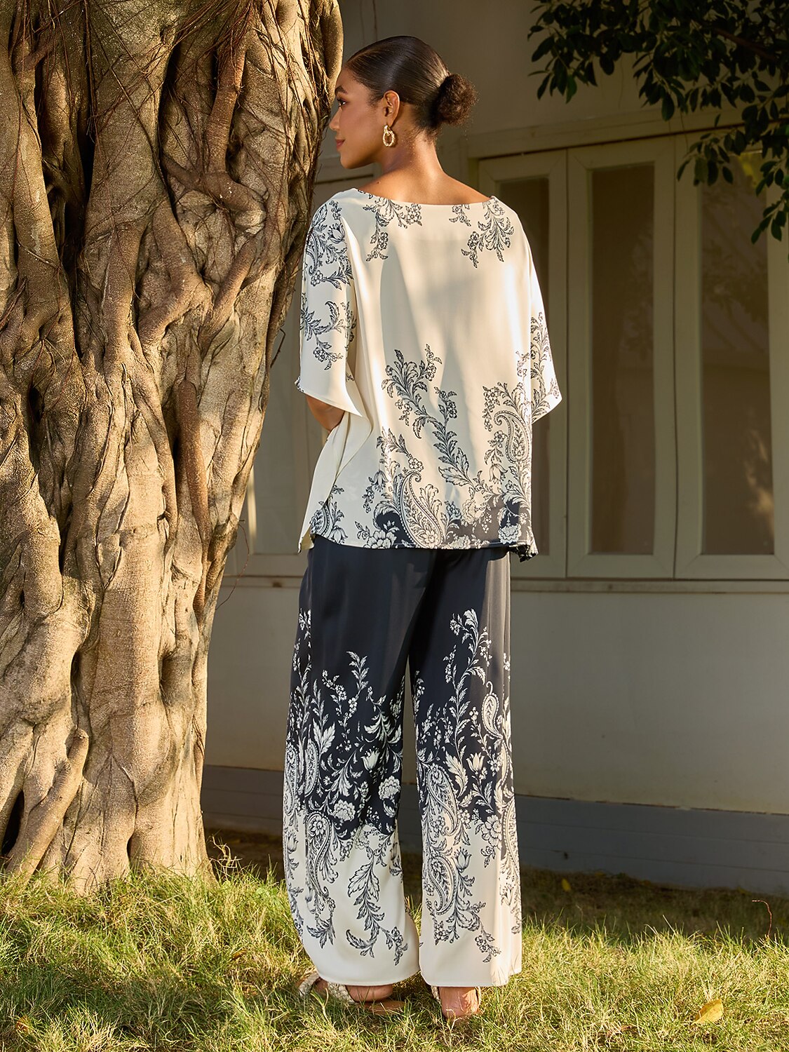 Artistic Graphic Silky Satin Wide Leg Pants
