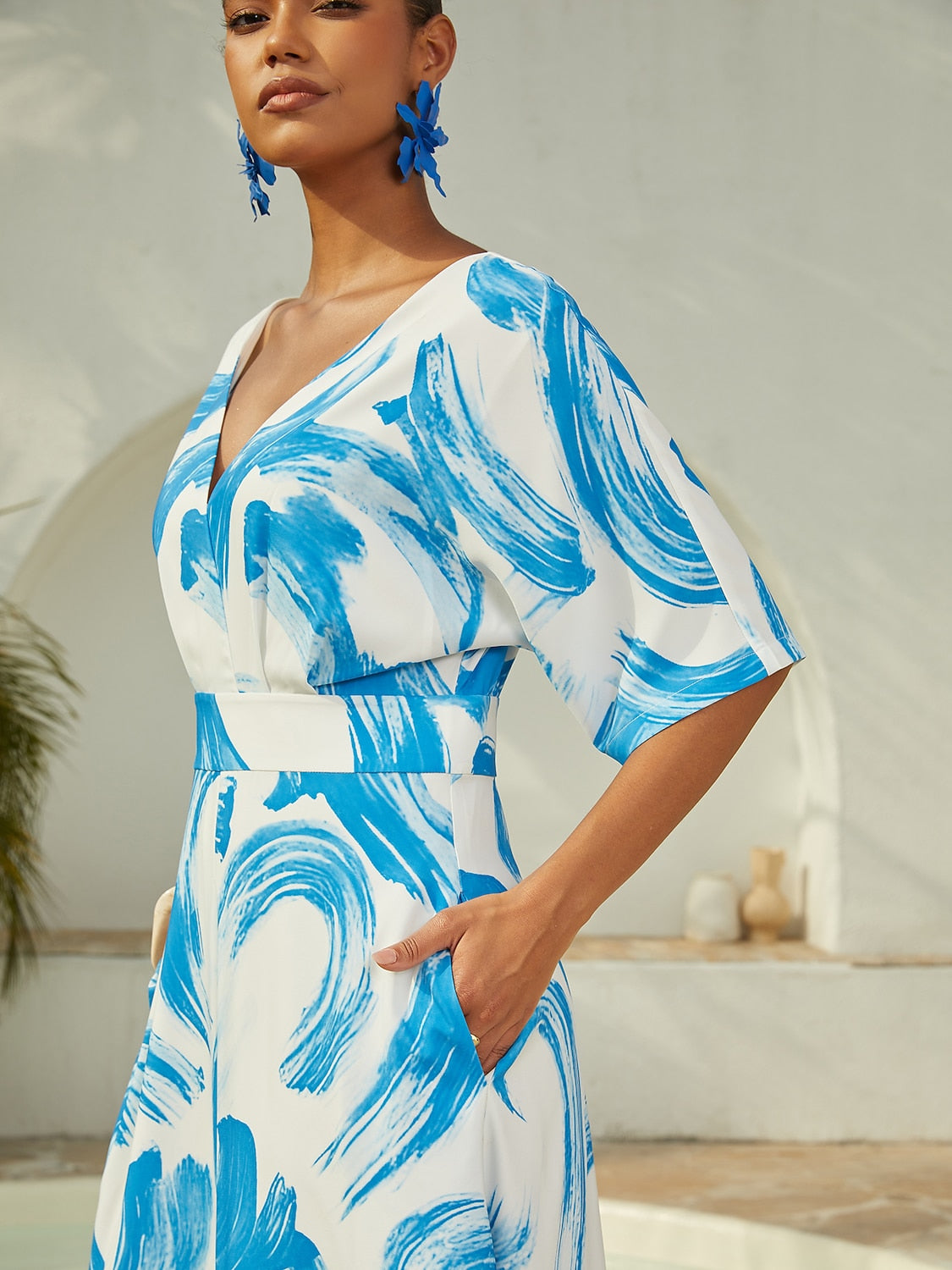 Satin Blue Brushstroke Print Maxi Dress Casual Vacation Travel