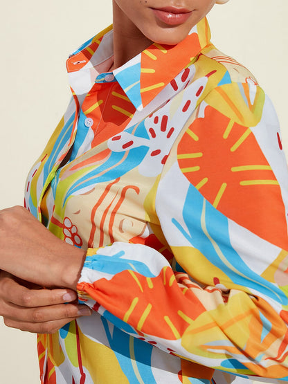 Plant Print Effortless Linen-Style Shirt Dress