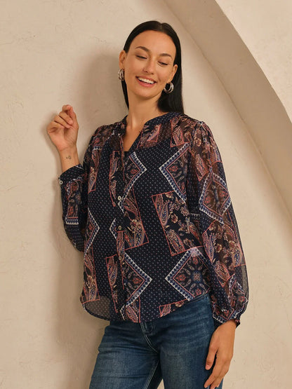 Geometric Combination Paisley Print Sheer Chiffon Blouse