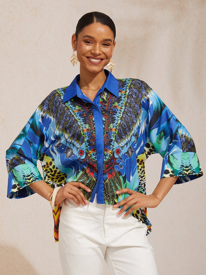 Mallorca Blossom Silky Satin Dolman Sleeve Button Down Shirt