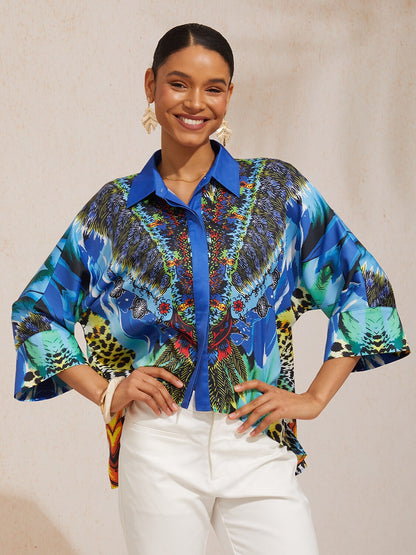 Bird Flower Silky Satin Dolman Sleeve Button Down Shirt