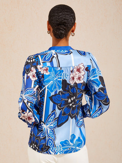 Azure Bloom Silky Satin Blouse