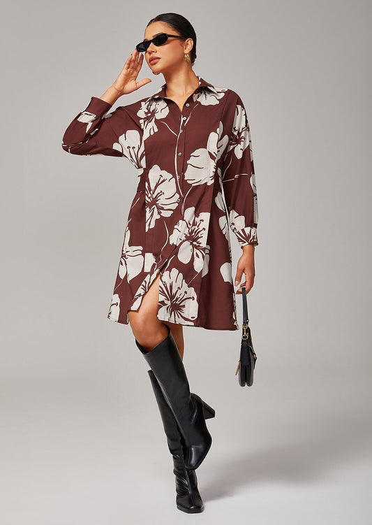 Floral Print Raglan Sleeve Shirt Dress