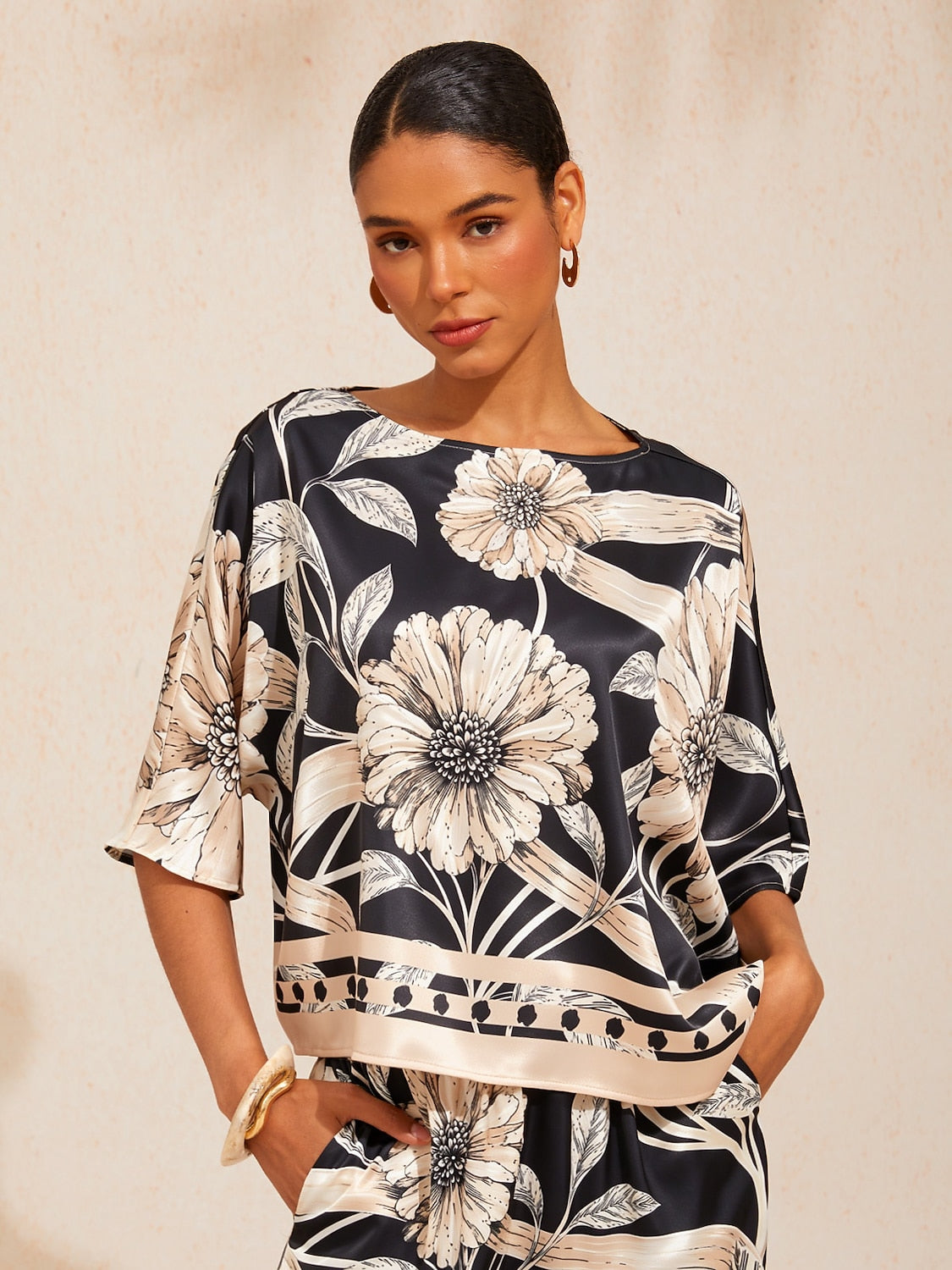 Golden Petal Silky Satin Dolman Sleeve Batwing Top