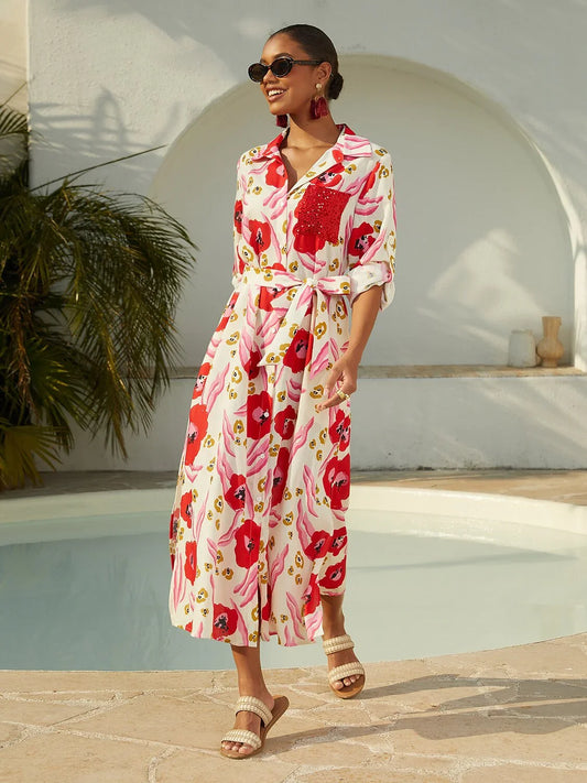 Abstract Floral Print Long Shirt Maxi Dress Vacation Casual