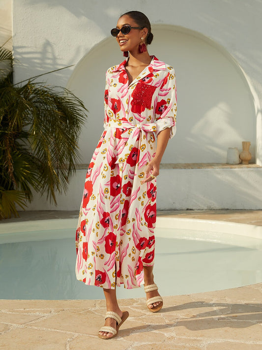 Abstract Floral Airy Linen Style Shirt Dress