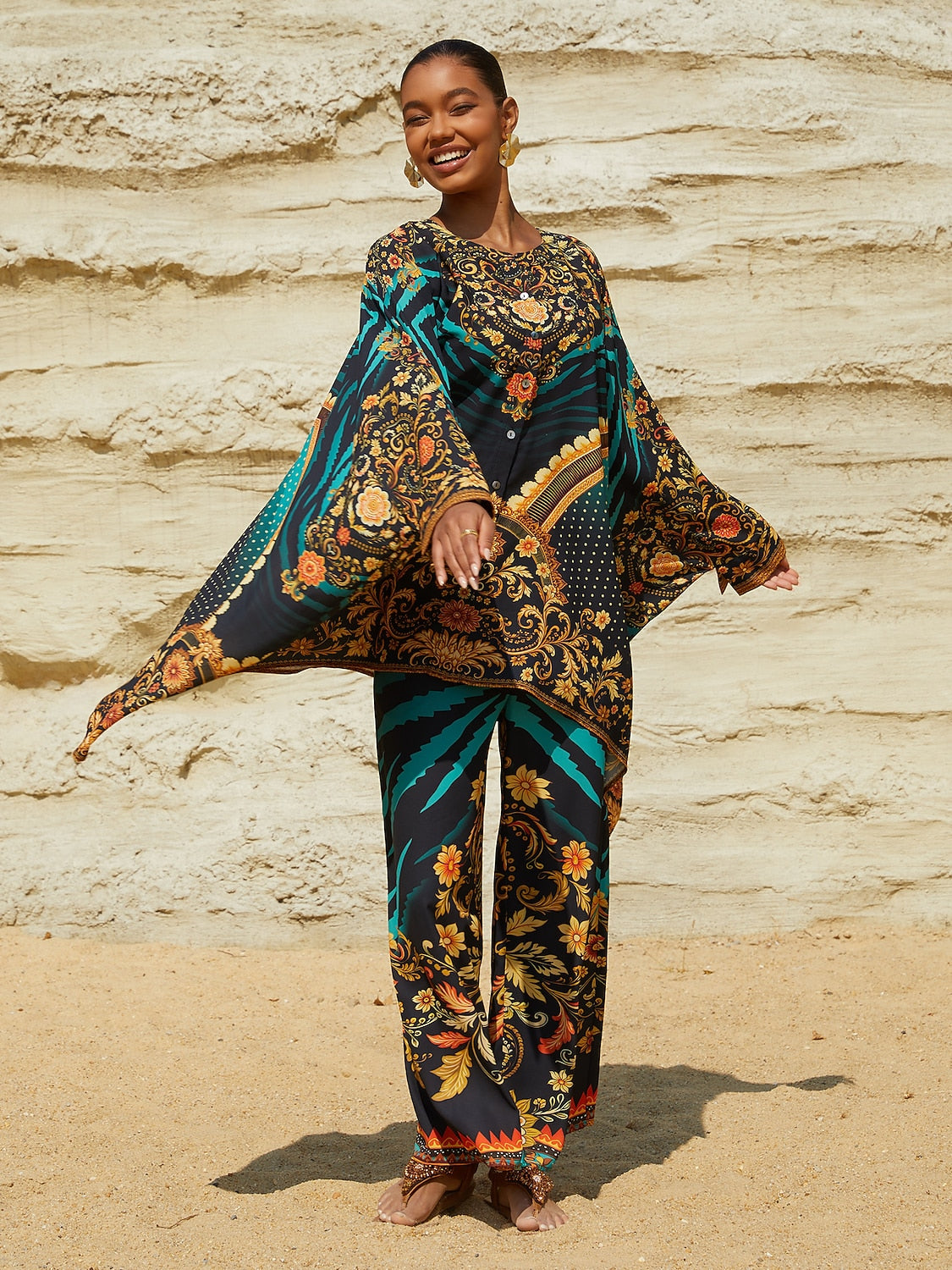 Tropische Verführung Fließende Chiffon-Dolman-Ärmel-Bluse