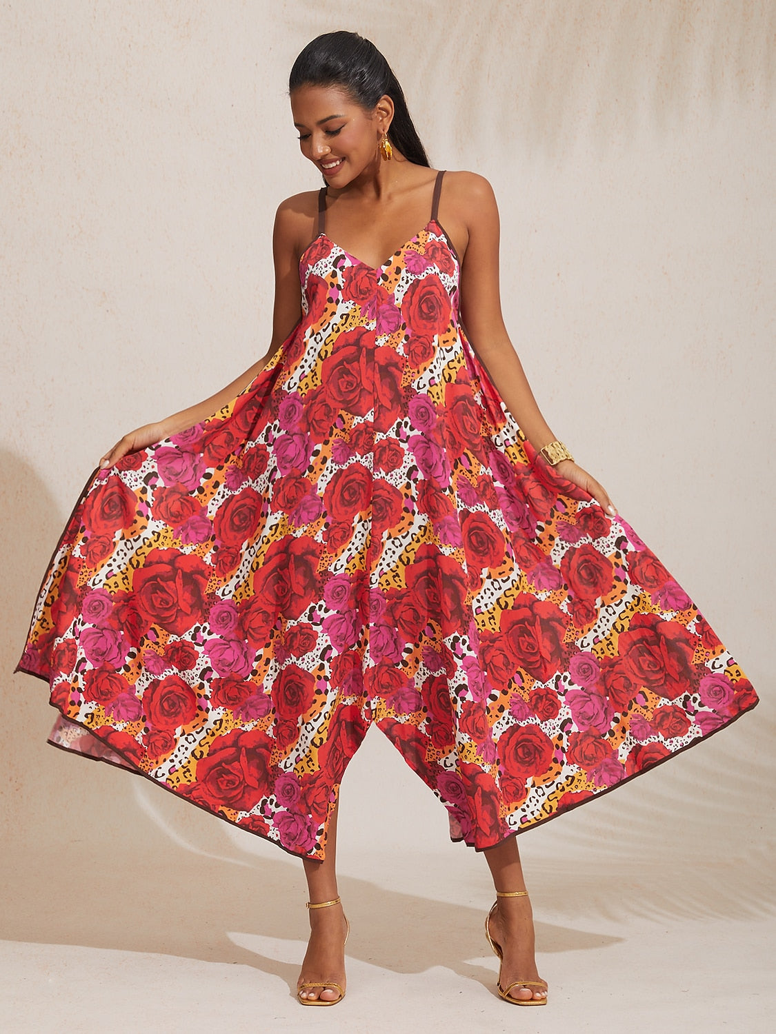 Vestido Midi de Tirantes Asimétricos con Cuello en V de Rayón