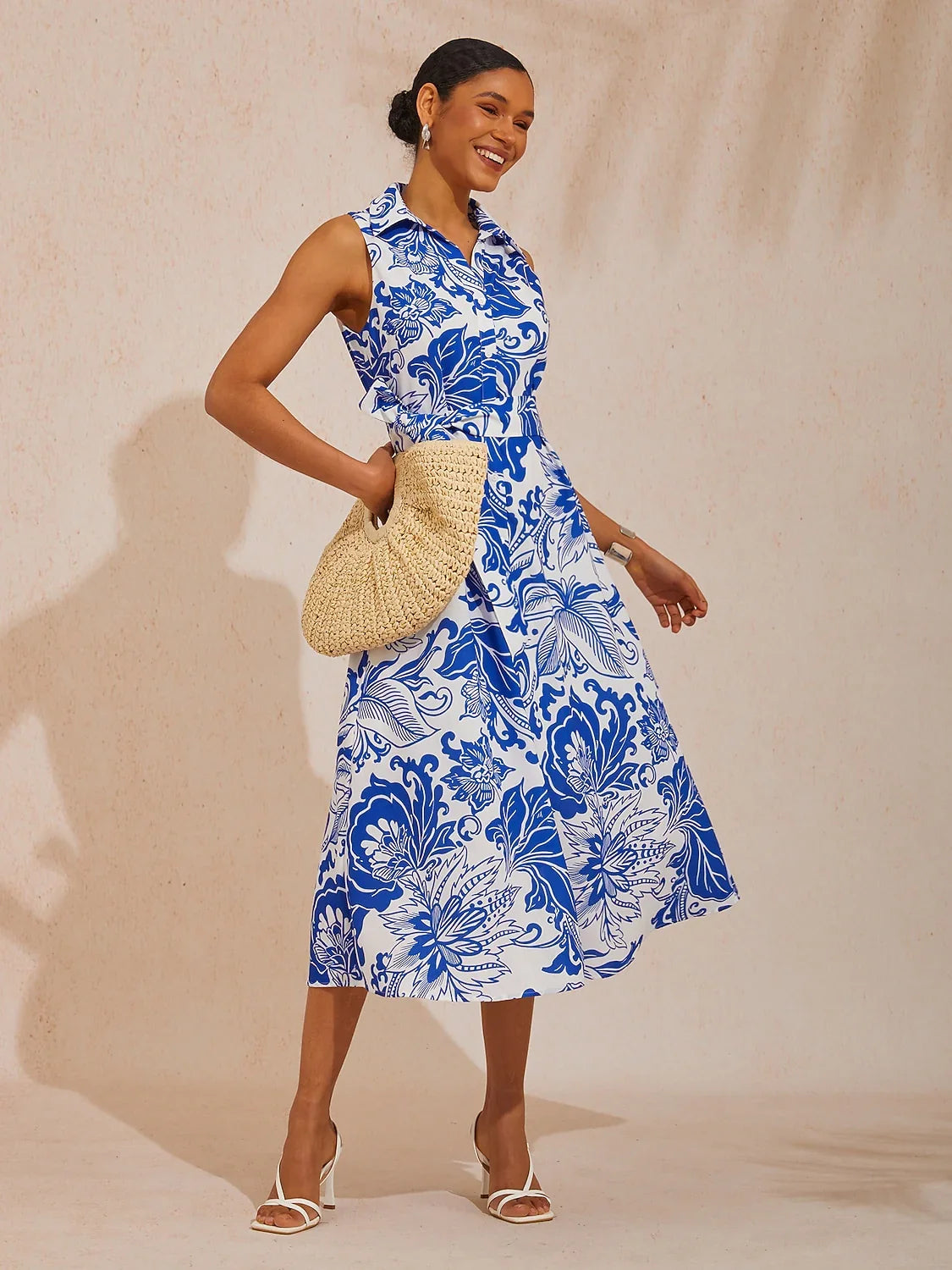 St Barth Blooms Airy Linen Look Blue Shirt Dress