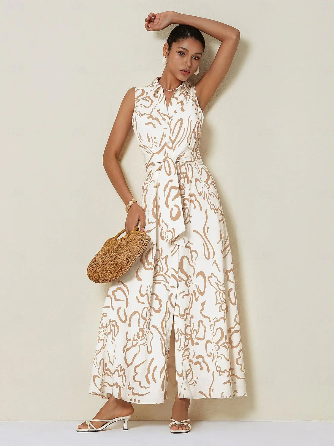 A-Line Abstract Print Pocket Waist Slim Fit Maxi Shirt Dress