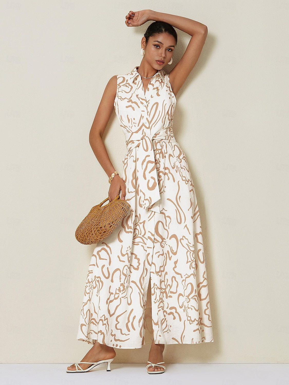 Robe longue chemise ajustée à la taille coupe évasée imprimé abstrait et poches