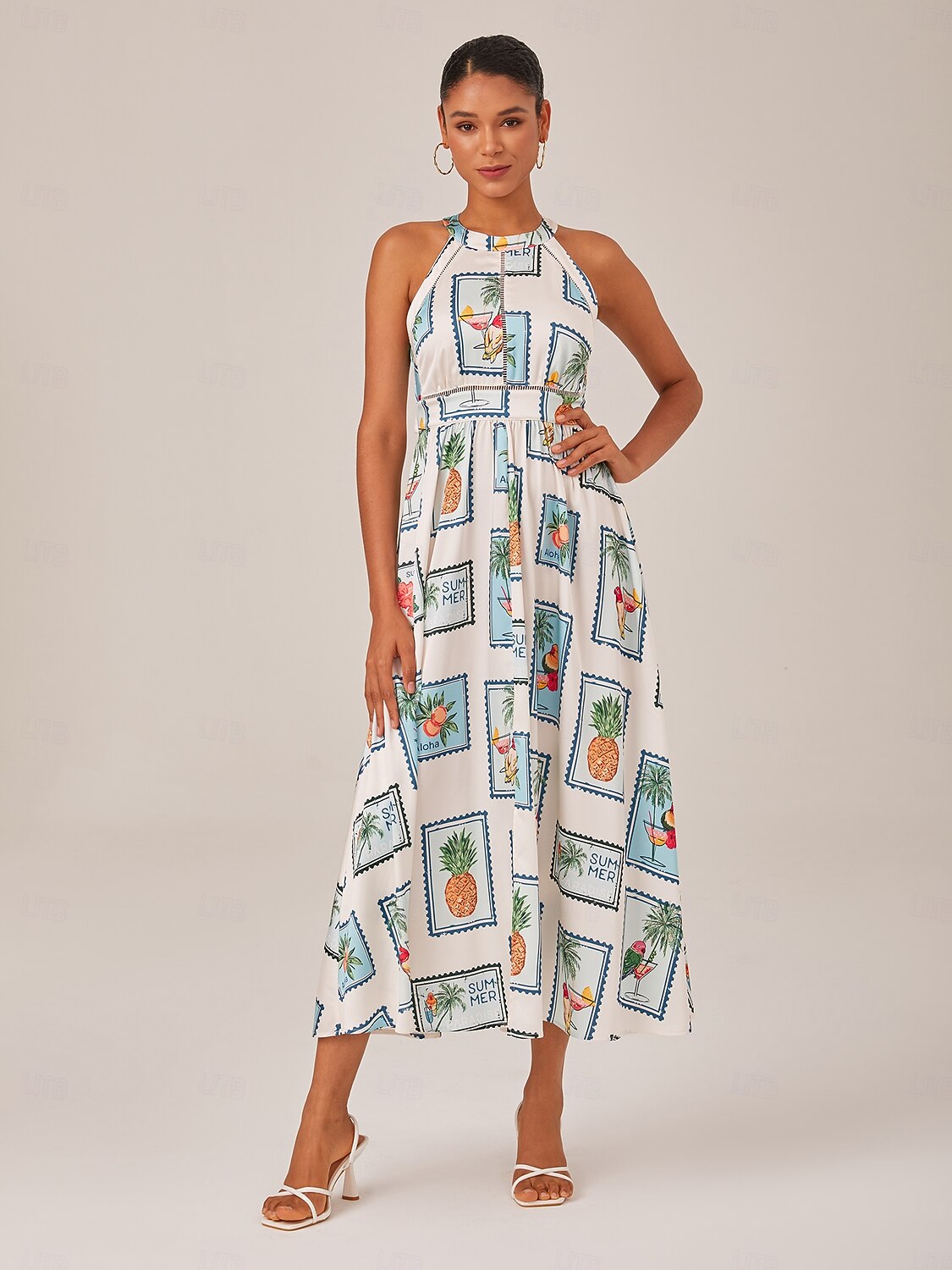 Robe Longue à Col Plongeant et Imprimé Motif Continu