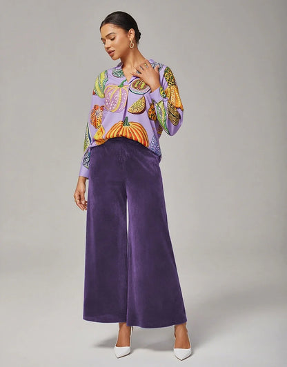 Pumpkin Print Stand Collar Pleated Shirt