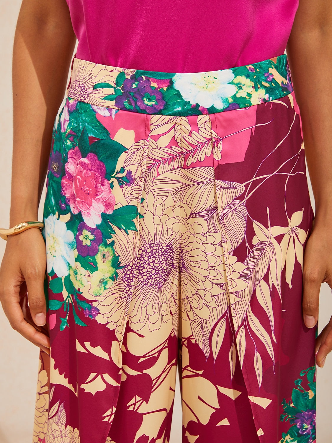 Fiery Pink Rose Silky Satin Slit Wide Leg Pants