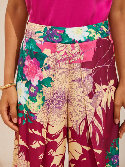 Fiery Pink Rose Silky Satin Slit Wide Leg Pants