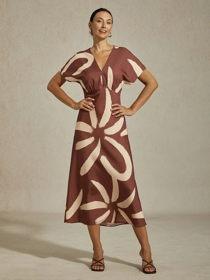 Abstract Floral Print Satin Maxi Dress