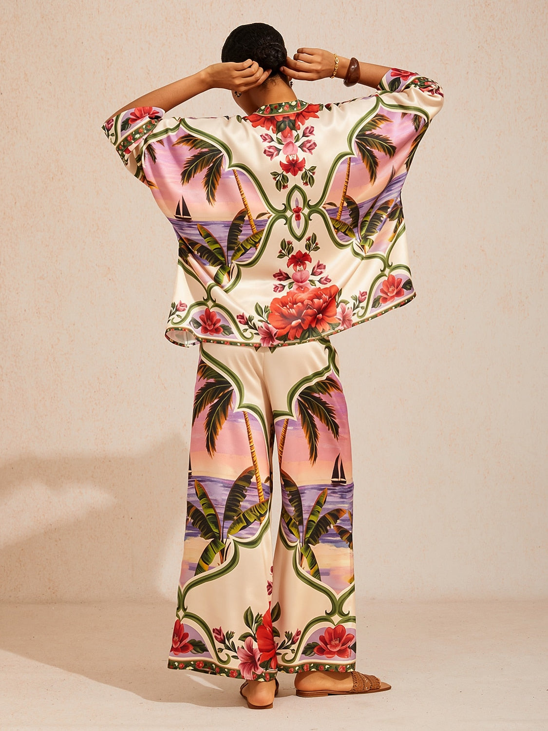 Hawaii Palm Silky Satin batwing top
