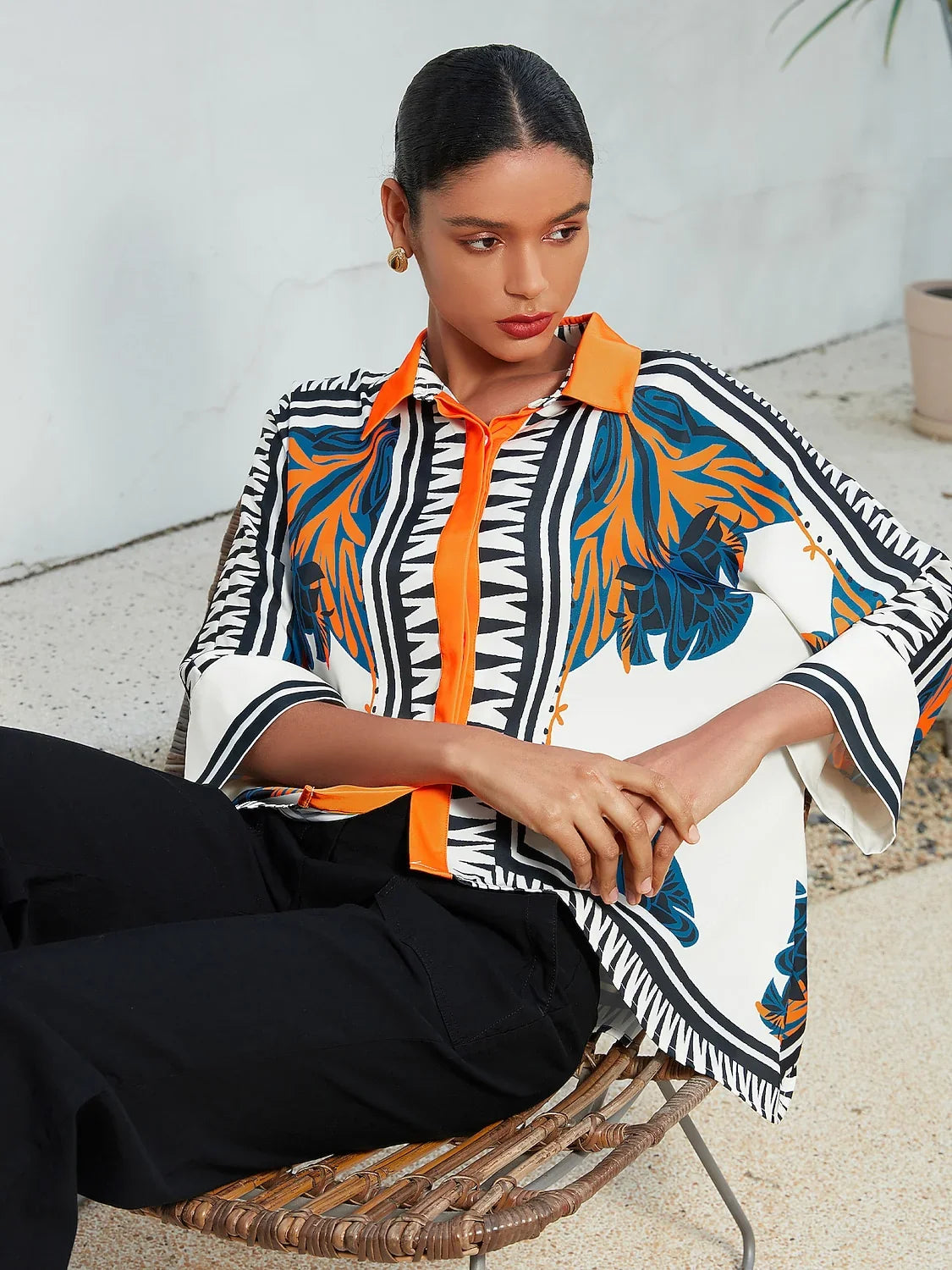 Satin Ethnic Print Block Printing Collar Shirt
