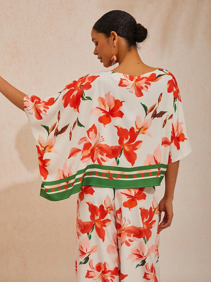 Spring Blooms Silky Satin Asymmetrical Dolman Sleeve Blouse