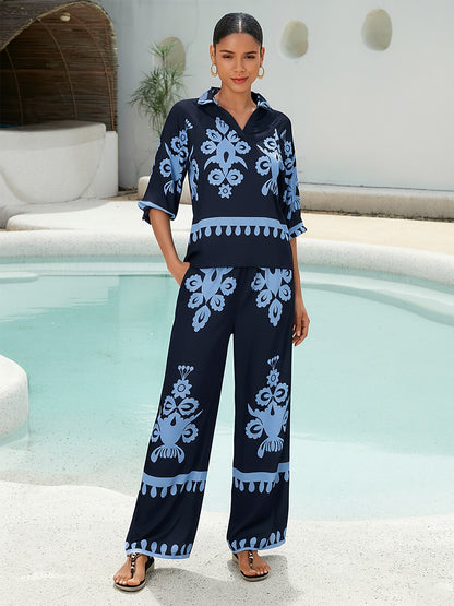 Ethnic Geometric Print Silky Satin Wide Leg Pants