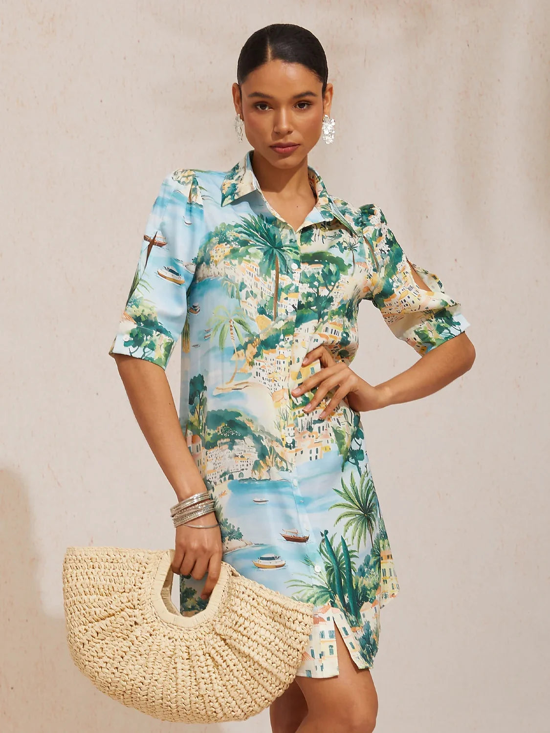 Azure Coast Riviera Silky Satin Straight Shirt Dress