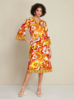 Example: Satin Floral Print Tie Front Midi Dress