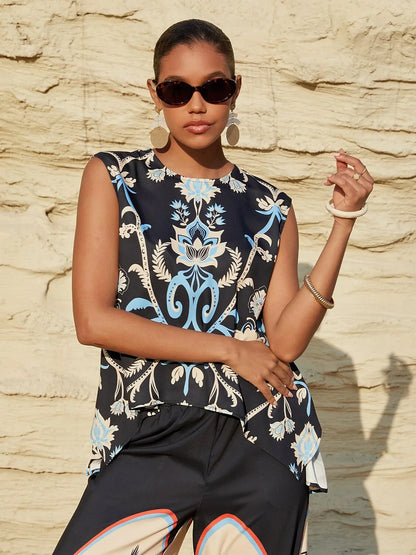 Summer Night Palm Silky Satin Vacation Top