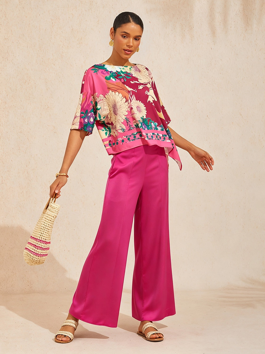 Fiery Pink Rose Silky Satin Batwing Top