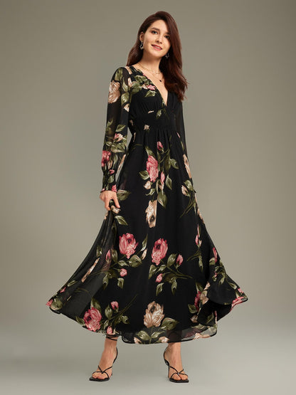 Floral Print Flowy Chiffon Maxi Dress