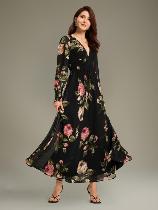 Floral Print Flowy Chiffon Maxi Dress