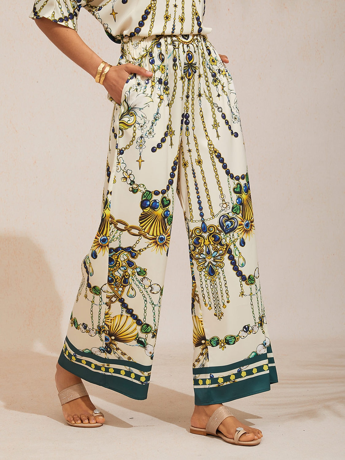 Boho Paisley Silky Satin Wide Leg Pants