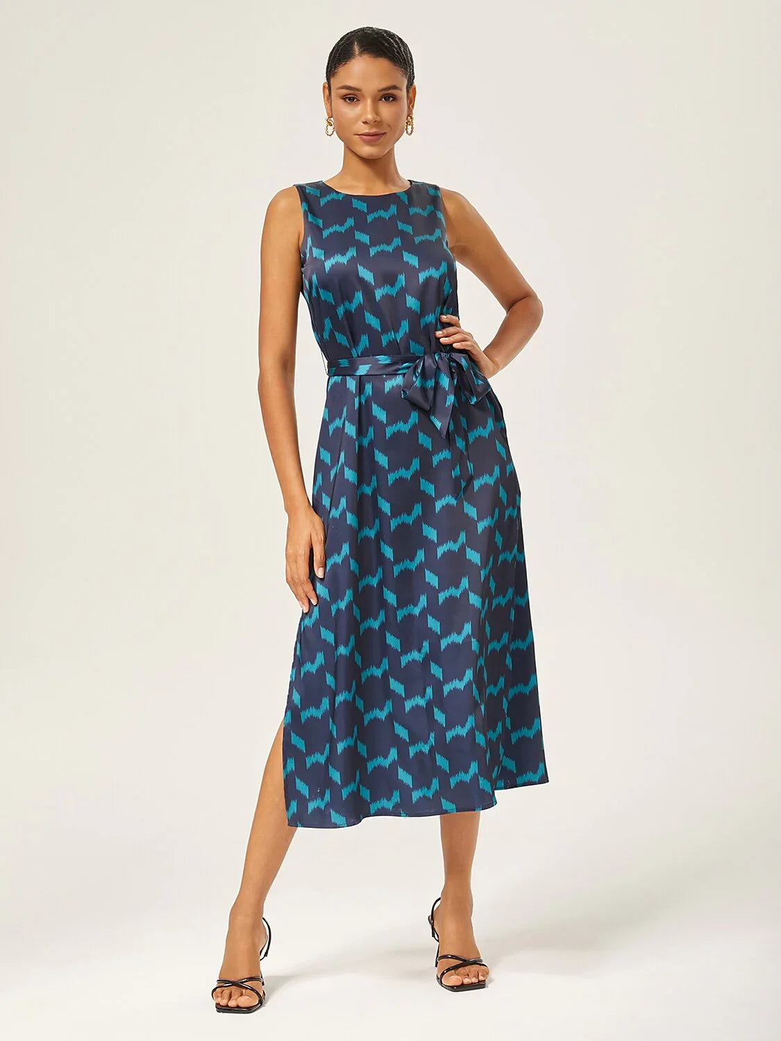 Matte Satin Geometric Sleeveless Maxi Dress